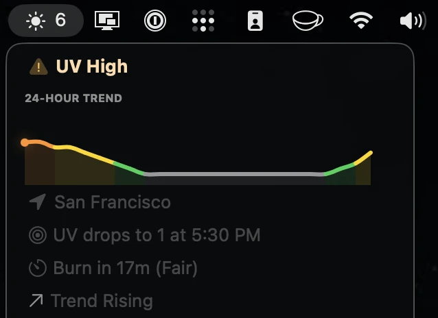 Helios UV running on macOS — menu bar status item and dashboard window.