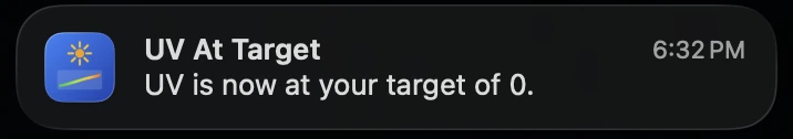 Helios UV threshold-crossing notification on iOS Lock Screen.